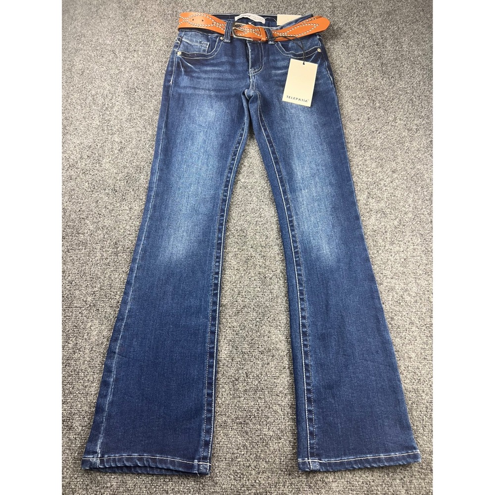 Telepatia Low Rise Bootcut Jeans Dark Wash Studded Belt Size 3/26 NWT Boho